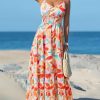 Women's Vacation Summer Dresses Tropical V Neck Elastic Waist Sleeveless Spaghetti Strap Smocked Maxi Dress