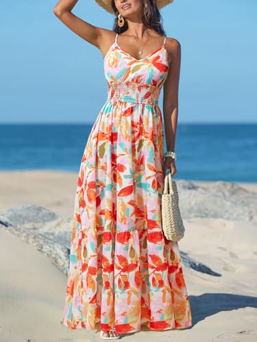 Women's Vacation Summer Dresses Tropical V Neck Elastic Waist Sleeveless Spaghetti Strap Smocked Maxi Dress