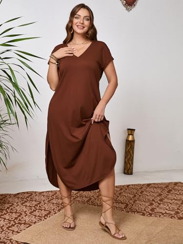 Women's Plus Size Summer Dress V Neck Short Sleeve Split Hem Midi Dresses