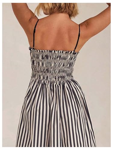 Women's Summer Striped Maxi Dress Spaghetti Strap Shirred A Line Flowy Long Cami Dresses Sundress with Pockets