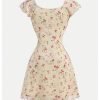 Girl's Floral Print Mesh Summer Dresses Tie Front Ruffle Sleeve A Line Short Dress