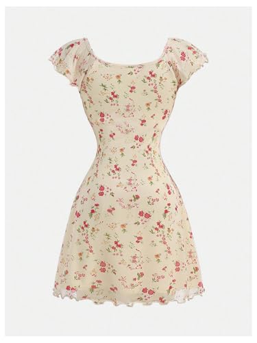 Girl's Floral Print Mesh Summer Dresses Tie Front Ruffle Sleeve A Line Short Dress