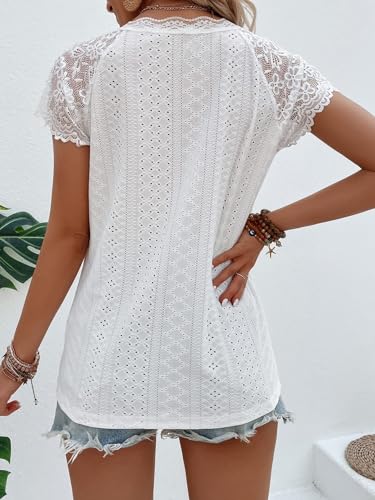 Women's Floral Lace Short Sleeve Raglan Top Casual V Neck Pullover Plain Tee Shirt