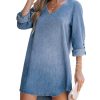 Women's Long Sleeve Denim Shirt Dress Casual V Neck Mini Distressed Roll Tab Jean Dresses