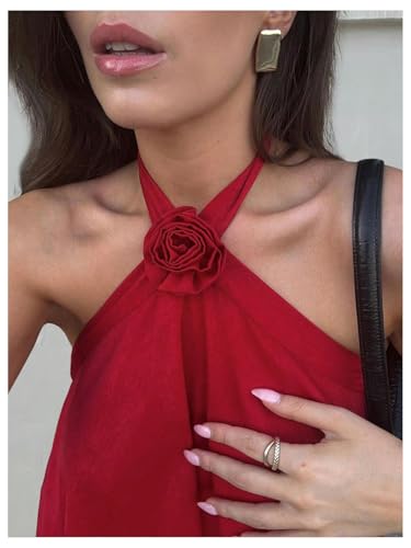 Women's Summer Halter Dress 3D Floral Ruffle Swing Flowy Beach Mini Dresses