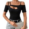 Women's Cut Out Top Cold Shoulder Short Sleeve Fitted Solid T Shirts