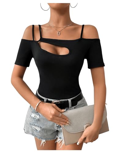 Women's Cut Out Top Cold Shoulder Short Sleeve Fitted Solid T Shirts