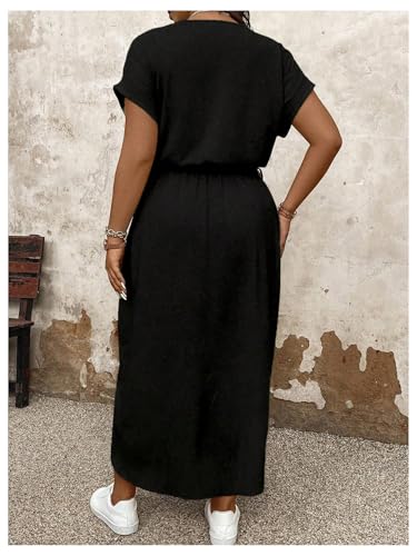Women's Plus Size Wrap Long Dress Dolman Sleeve Crew Neck Belted Casual Dresses