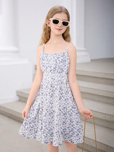 Girl's Spaghetti Strap Ruched Cami Dress Floral Print Ruffle Flared Mini Dresses