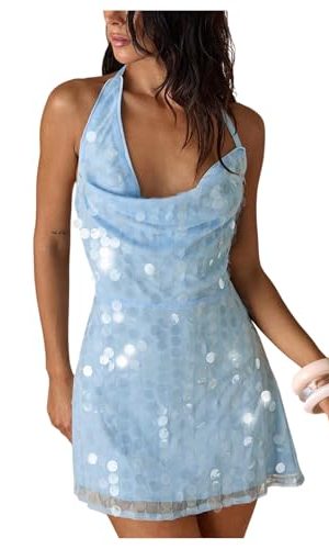 Women's Sequin Sparkly Halter Mini Dress Cowl Neck Draped Backless Sleeveless A Line Party Summer Dresses