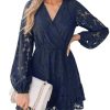 Women Elegant V Neck Lace Peasant Sleeve Mini Summer Dress Elastic High Waist A Line Casual Wedding Guest Dress