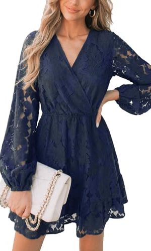 Women Elegant V Neck Lace Peasant Sleeve Mini Summer Dress Elastic High Waist A Line Casual Wedding Guest Dress