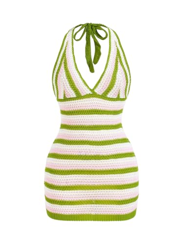 Women's Striped Backless Halter Mini Dresses Sleeveless Bodycon Vacation Knit Dress