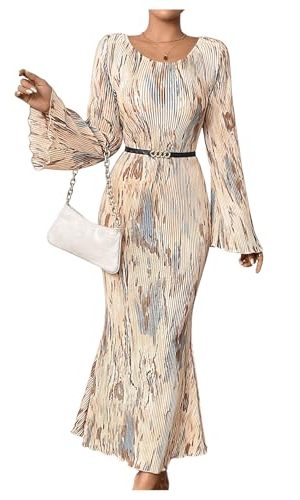 Women's Tie Dye Bodycon Dress Pleated Bell Sleeves Fishtail Party Long Dresses