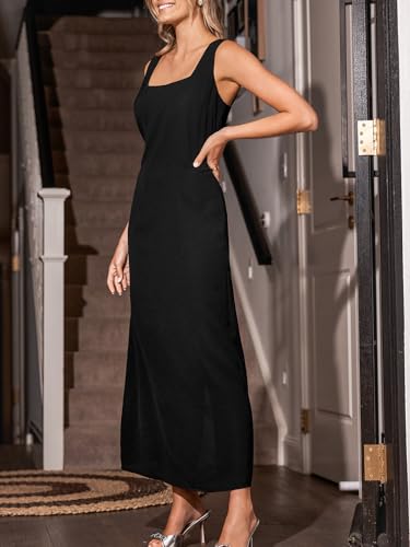 Women Backless Maxi Summer Dress Back Vent Square Neck Sleeveless A Line Casual Sundress Spring Semi Formal Dress