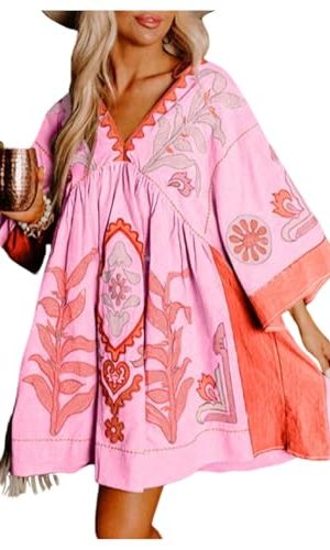 Women's Boho Print Summer Dress V Neck Half Sleeve Babydoll Flowy Loose Vacation Short Dresses