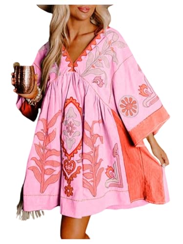 Women's Boho Print Summer Dress V Neck Half Sleeve Babydoll Flowy Loose Vacation Short Dresses