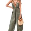 Women's Summer Jumpsuit Plunging Halter Sleeveless Striped Casual Dressy Outfit Wide Leg Pockets Maxi Overall