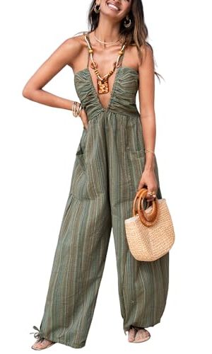 Women's Summer Jumpsuit Plunging Halter Sleeveless Striped Casual Dressy Outfit Wide Leg Pockets Maxi Overall
