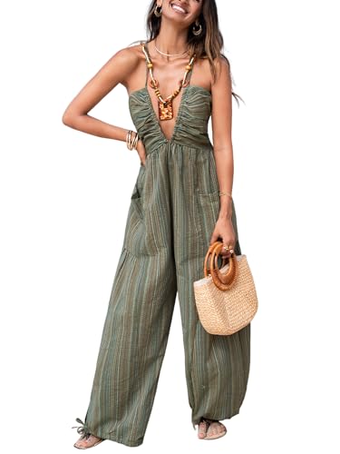 Women's Summer Jumpsuit Plunging Halter Sleeveless Striped Casual Dressy Outfit Wide Leg Pockets Maxi Overall