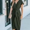 Women's V Neck Wrap Dress Twisted Slit Pleated Waist Tie Short Sleeve Summer Midi Dresses