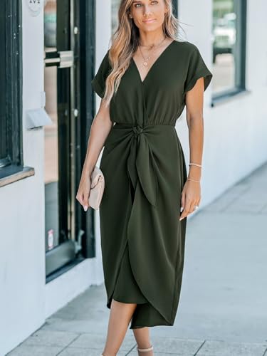 Women's V Neck Wrap Dress Twisted Slit Pleated Waist Tie Short Sleeve Summer Midi Dresses