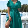 Women's Dresses for Summer V Neck Solid Belt Short Sleeve Knee Length Beach Dress