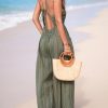 Women's Summer Jumpsuit Plunging Halter Sleeveless Striped Casual Dressy Outfit Wide Leg Pockets Maxi Overall
