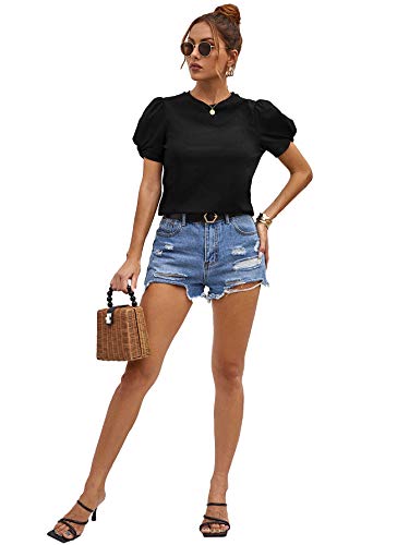 Women's Summer Short Puff Sleeve Tee Top Round Neck T-Shirt