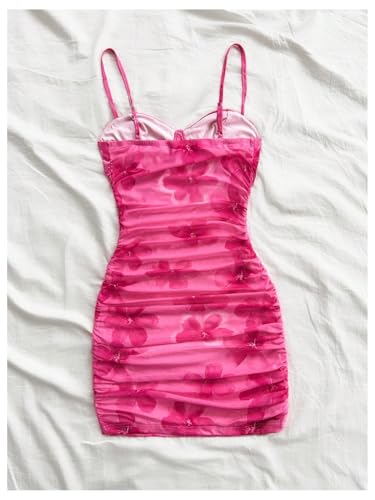 Women's Summer Floral Corset Dress Spaghetti Strap Ruched Mesh Bodycon Vacation Mini Dresses