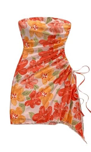 Women's Floral Strapless Mini Dresses Summer Beach Vacation Short Bandeau Bodycon Dress