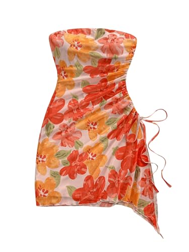 Women's Floral Strapless Mini Dresses Summer Beach Vacation Short Bandeau Bodycon Dress