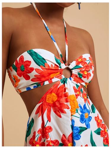 Women's Floral Print Cut Out Sleeveless Halter Mini Dress Holiday Flowy Vacation Dresses
