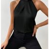Womens Elegant Twist Front Halter Sleeveless Satin Blouse Keyhole Back Tank Top