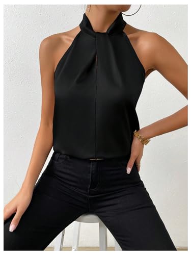 Womens Elegant Twist Front Halter Sleeveless Satin Blouse Keyhole Back Tank Top