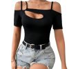 Women's Cut Out Top Cold Shoulder Short Sleeve Fitted Solid T Shirts