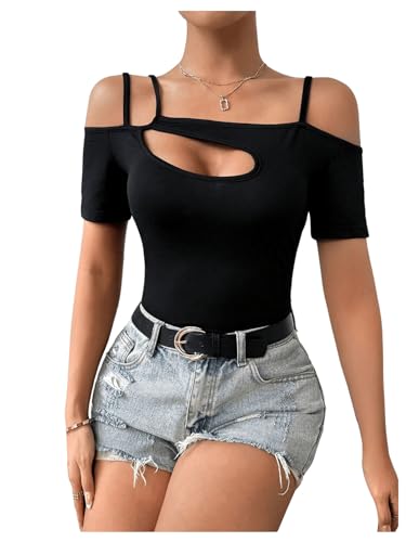 Women's Cut Out Top Cold Shoulder Short Sleeve Fitted Solid T Shirts