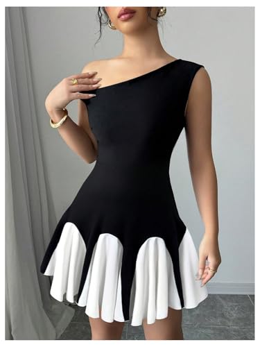 Women's Summer Off The Shoulder Mini Dress Color Block A Line Flared Cocktail Party Dresses