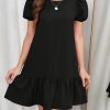 Women's Short Puff Sleeve Ruffle Hem Mini Dress Casual Round Neck Solid Smock Dress