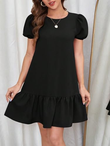 Women's Short Puff Sleeve Ruffle Hem Mini Dress Casual Round Neck Solid Smock Dress