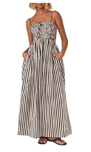 Women's Summer Striped Maxi Dress Spaghetti Strap Shirred A Line Flowy Long Cami Dresses Sundress with Pockets