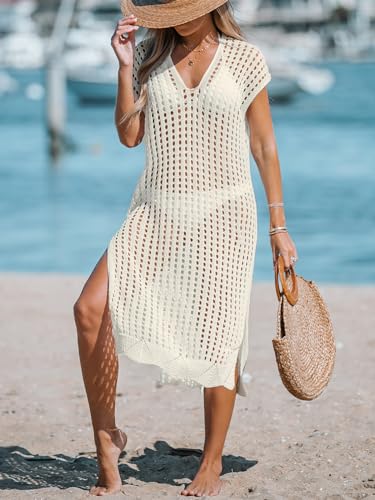 Women's Crochet Swim Suit Coverup Cap Sleeve Knit Loose Beach Cover Ups Side Split Midi Dress
