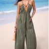 Women's Summer Jumpsuit Plunging Halter Sleeveless Striped Casual Dressy Outfit Wide Leg Pockets Maxi Overall