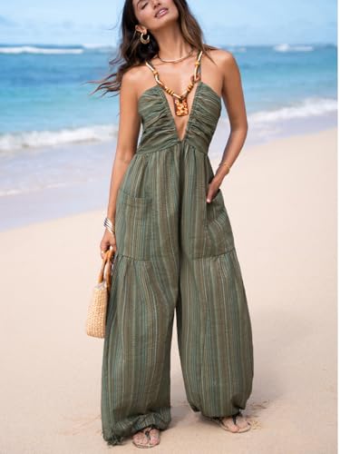 Women's Summer Jumpsuit Plunging Halter Sleeveless Striped Casual Dressy Outfit Wide Leg Pockets Maxi Overall