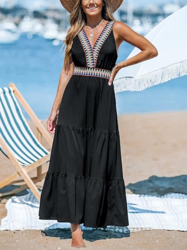 Summer Dress for Women 2024 Smocked Sleeveless Self Tied Spaghetti Straps Long Beach Casual Dress