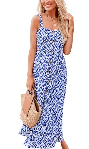 Women Ruffle Summer Dress 2025 Square Neck Straps Button Front Casual Sundress Holiday Vacation Beach Maxi Dress
