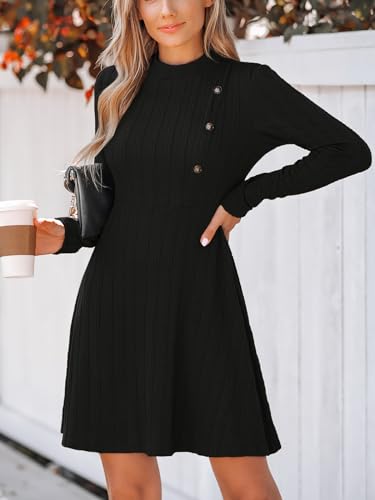 Women's Mini Dresses Round Neck Long Sleeve Textured Button Knit A Line Short Casual Fall Dresses