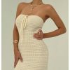 Women's Summer Crochet Tube Maxi Dress Tie Front Strapless Sleeveless Bodycon Knit Long Dresses