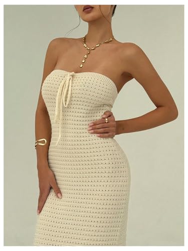 Women's Summer Crochet Tube Maxi Dress Tie Front Strapless Sleeveless Bodycon Knit Long Dresses