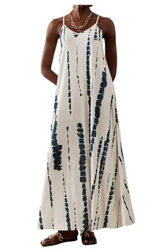 Women's Summer Dress for Women Beach Casual Loose Spaghetti Strap Flowy Maxi Dresses with Pockets